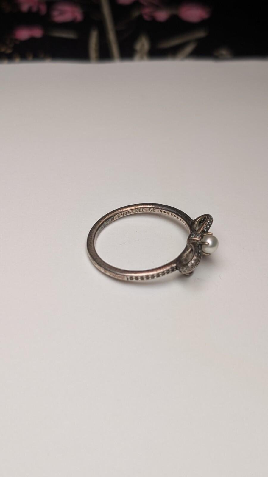 Genuine Sterling Silver Pandora Pearl Bow Ring | Size Q 1/2 | S925 ALE Silver - Image 3
