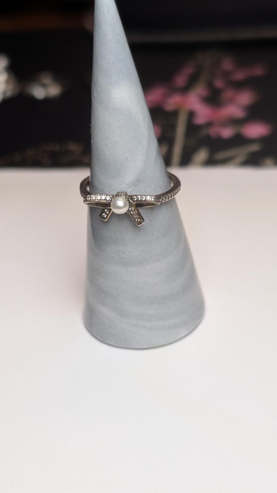Genuine Sterling Silver Pandora Pearl Bow Ring | Size Q 1/2 | S925 ALE Silver - Image 5