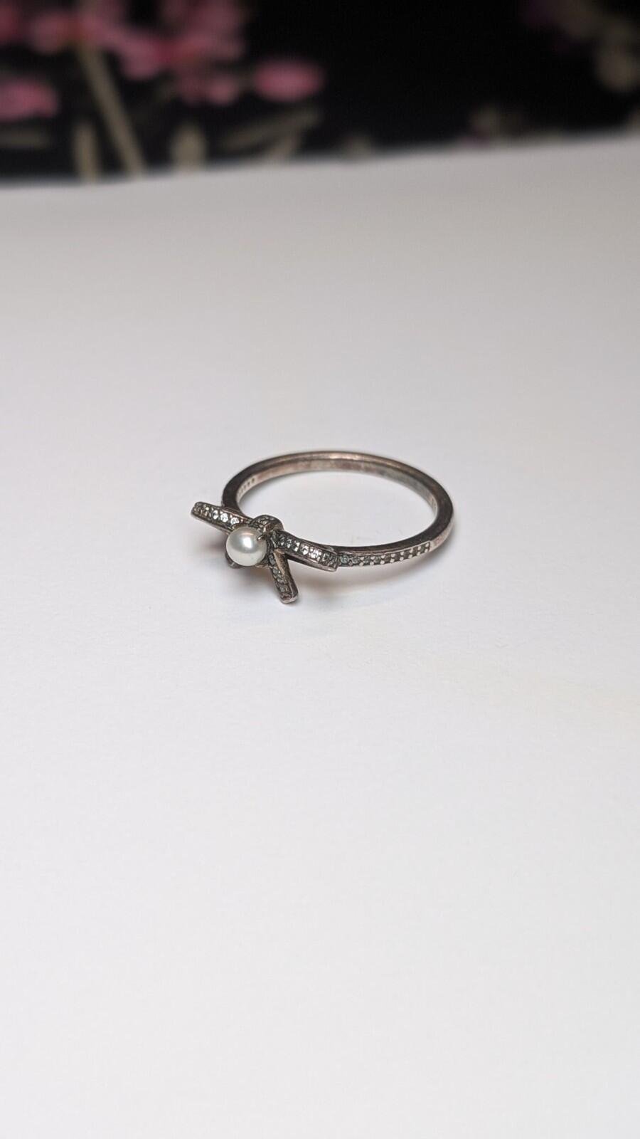 Genuine Sterling Silver Pandora Pearl Bow Ring | Size Q 1/2 | S925 ALE Silver - Image 6