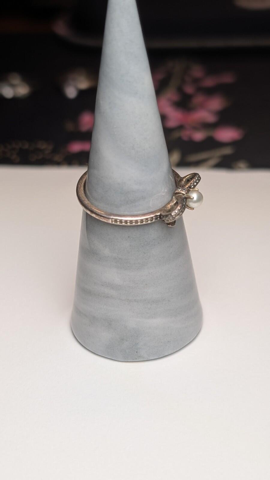 Genuine Sterling Silver Pandora Pearl Bow Ring | Size Q 1/2 | S925 ALE Silver - Image 7