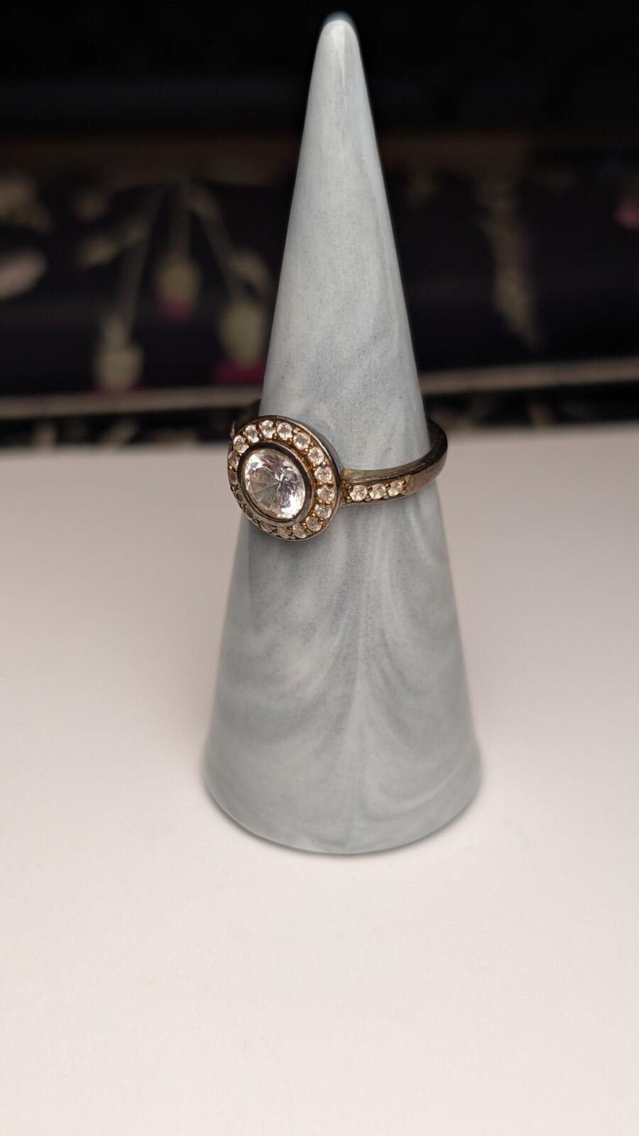 Vintage Sterling Silver Clear Gemstone Halo Band Ring | Size M | 925 Silver
