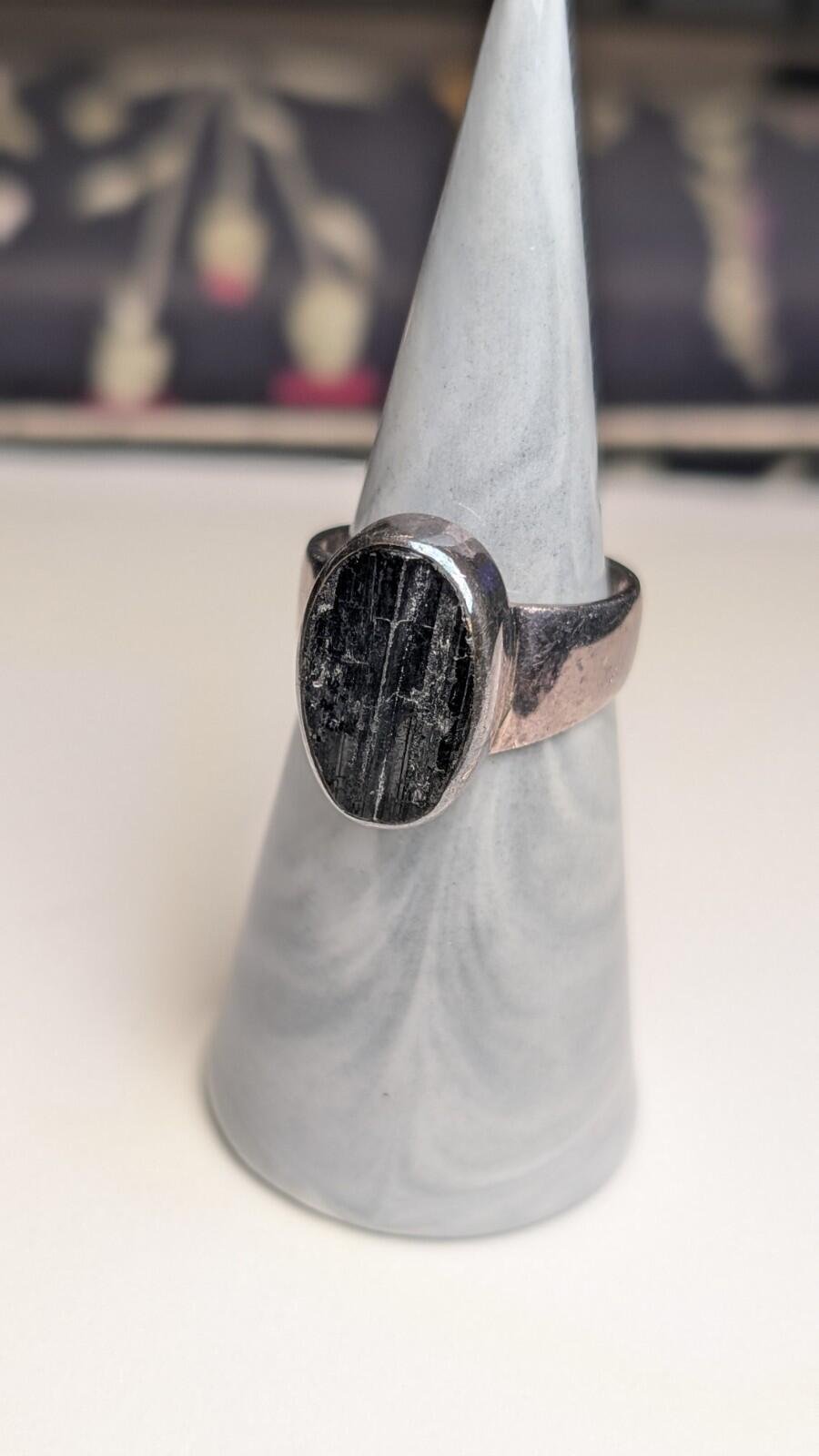 Vintage Sterling Silver Rough Black Tourmaline Gemstone Ring | Size O 1/2 | 925