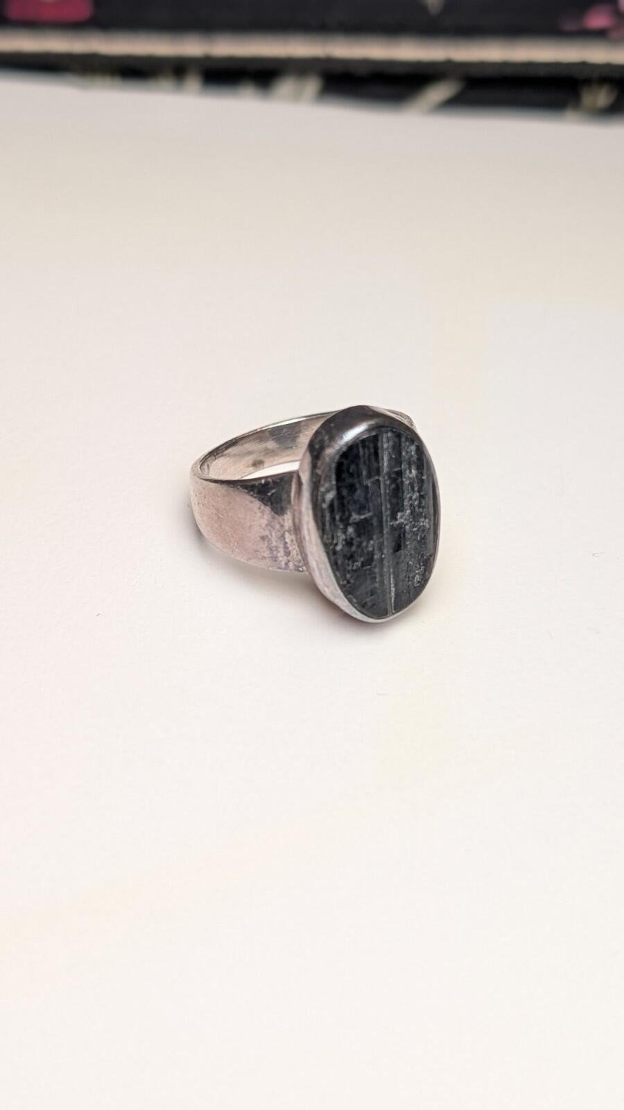 Vintage Sterling Silver Rough Black Tourmaline Gemstone Ring | Size O 1/2 | 925 - Image 5