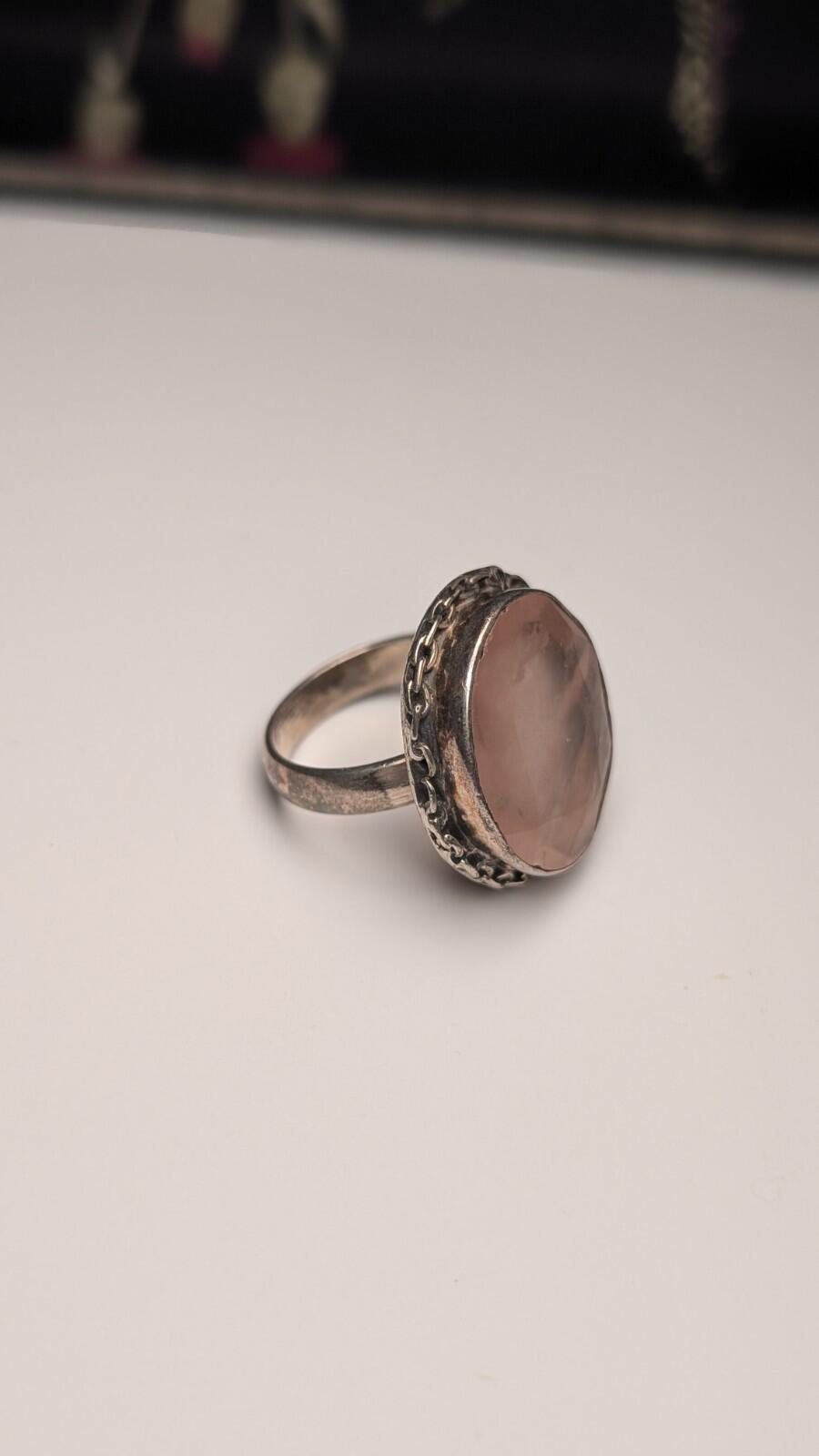 Vintage Sterling Silver Flat Pink Rose Quartz Ring | Size O 1/2 | 925 Silver - Image 3