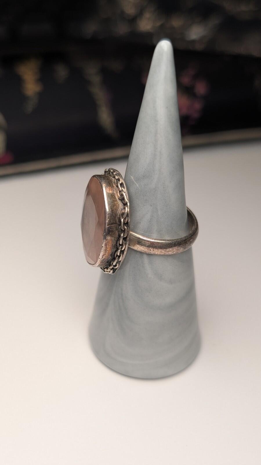 Vintage Sterling Silver Flat Pink Rose Quartz Ring | Size O 1/2 | 925 Silver - Image 4