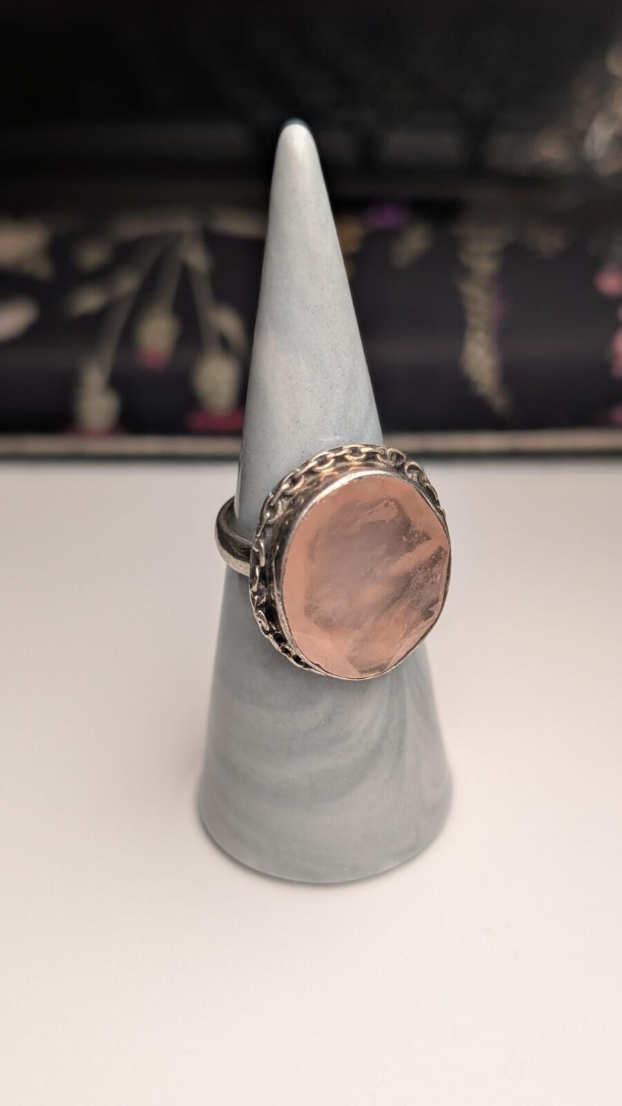 Vintage Sterling Silver Flat Pink Rose Quartz Ring | Size O 1/2 | 925 Silver - Image 6