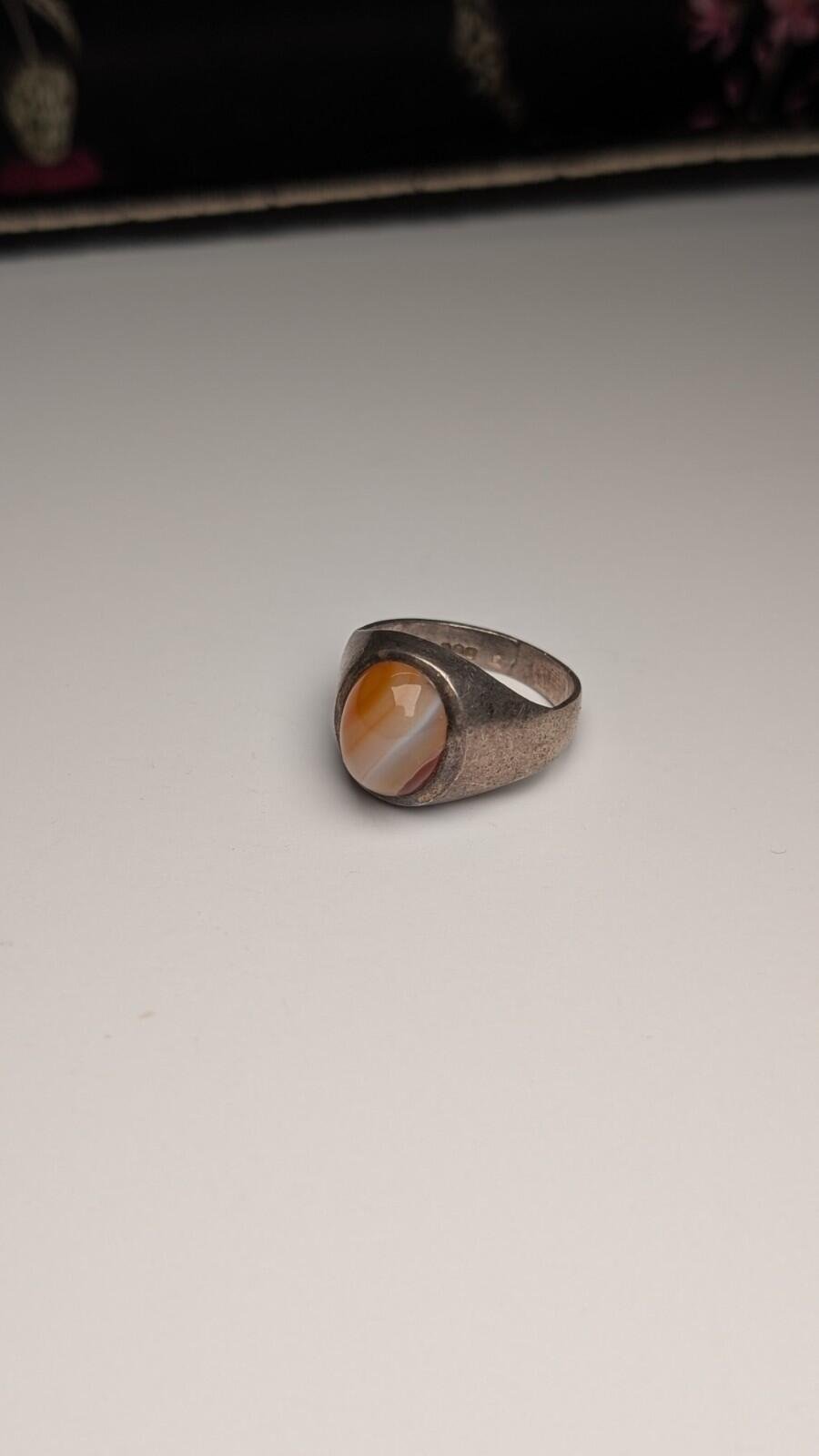 Vintage Sterling Silver 1976 Orange Laced Agate Ring | Size I | 925 Silver