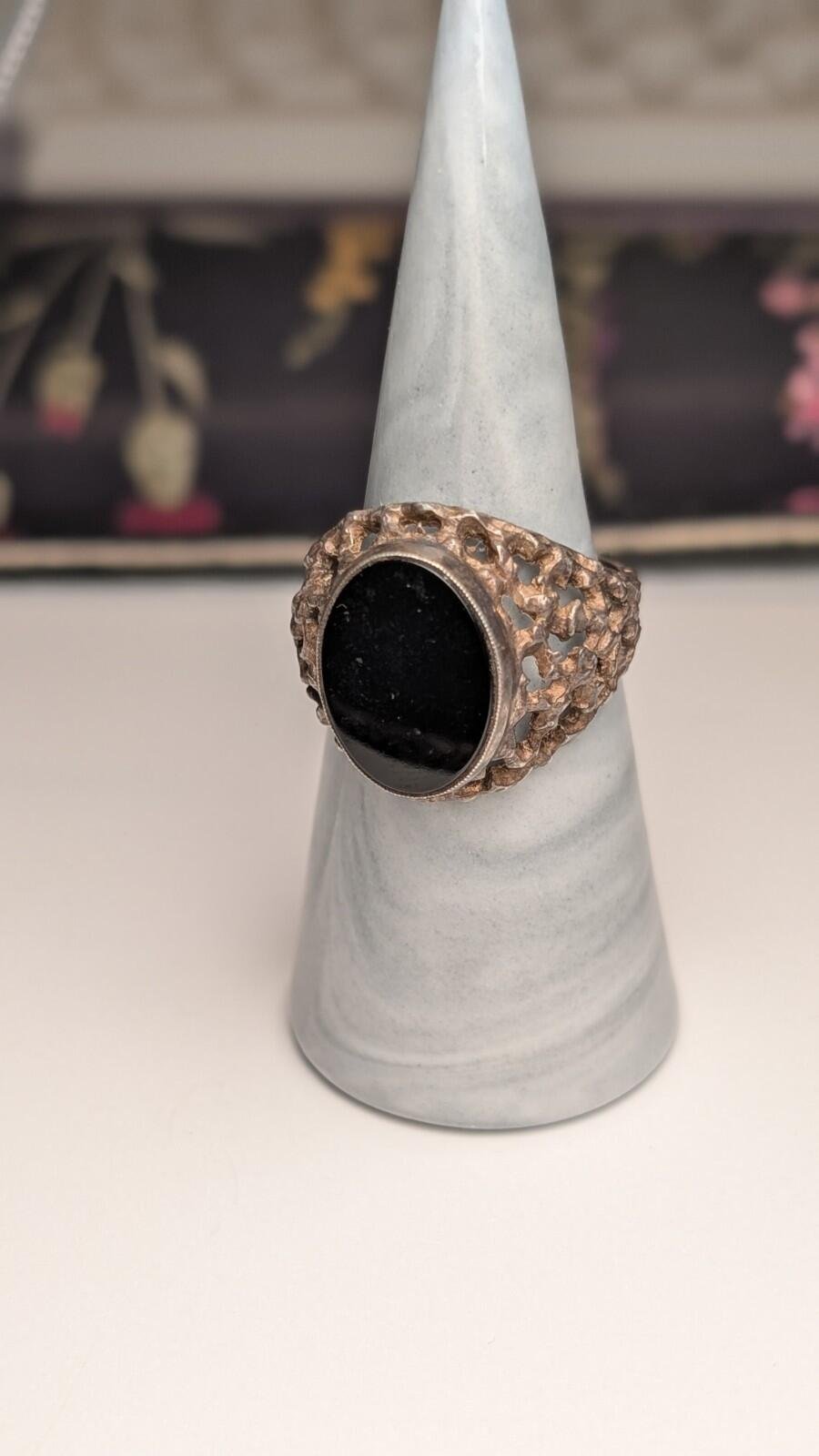 Vintage Sterling Silver 1975 Men's Flat Faced Black Onyx Signet Ring | Size S - Image 7