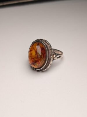 Vintage Sterling Silver Chunky Orange Amber Ring | Size N 1/2 | 925 Silver