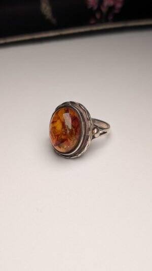 Vintage Sterling Silver Chunky Orange Amber Ring | Size N 1/2 | 925 Silver
