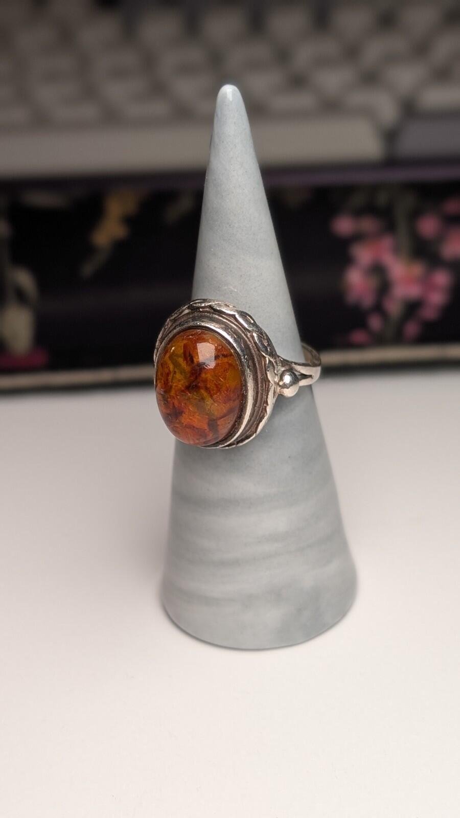 Vintage Sterling Silver Chunky Orange Amber Ring | Size N 1/2 | 925 Silver - Image 6