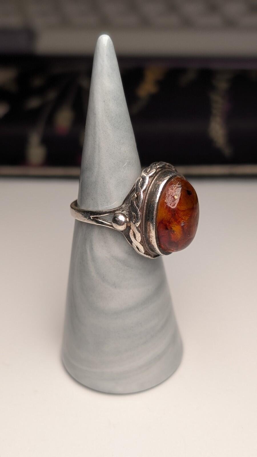 Vintage Sterling Silver Chunky Orange Amber Ring | Size N 1/2 | 925 Silver - Image 7