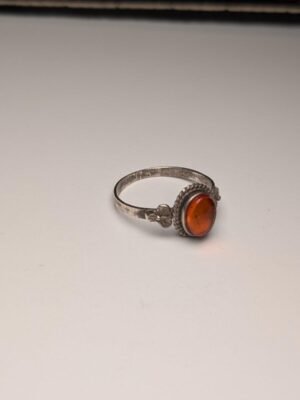 Vintage Sterling Silver Orange Amber Gemstone Flowers Ring | Size P | 925 Silver