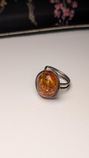 Vintage Sterling Silver Chunky Orange Amber Gemstone Ring | Size O | 925 Silver