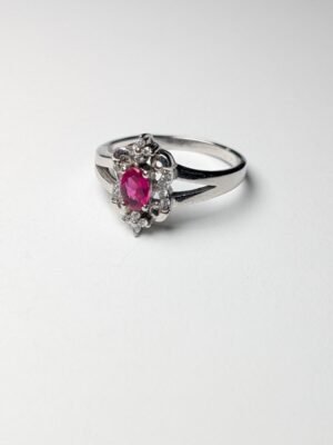 Vintage Sterling Silver Red Ruby Ring With Clear Gemstones | Size S | 925 Silver