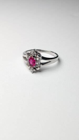 Vintage Sterling Silver Red Ruby Ring With Clear Gemstones | Size S | 925 Silver