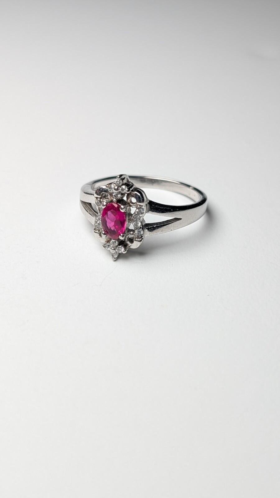 Vintage Sterling Silver Red Ruby Ring With Clear Gemstones | Size S | 925 Silver