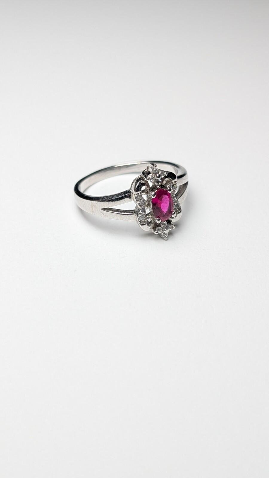 Vintage Sterling Silver Red Ruby Ring With Clear Gemstones | Size S | 925 Silver - Image 3