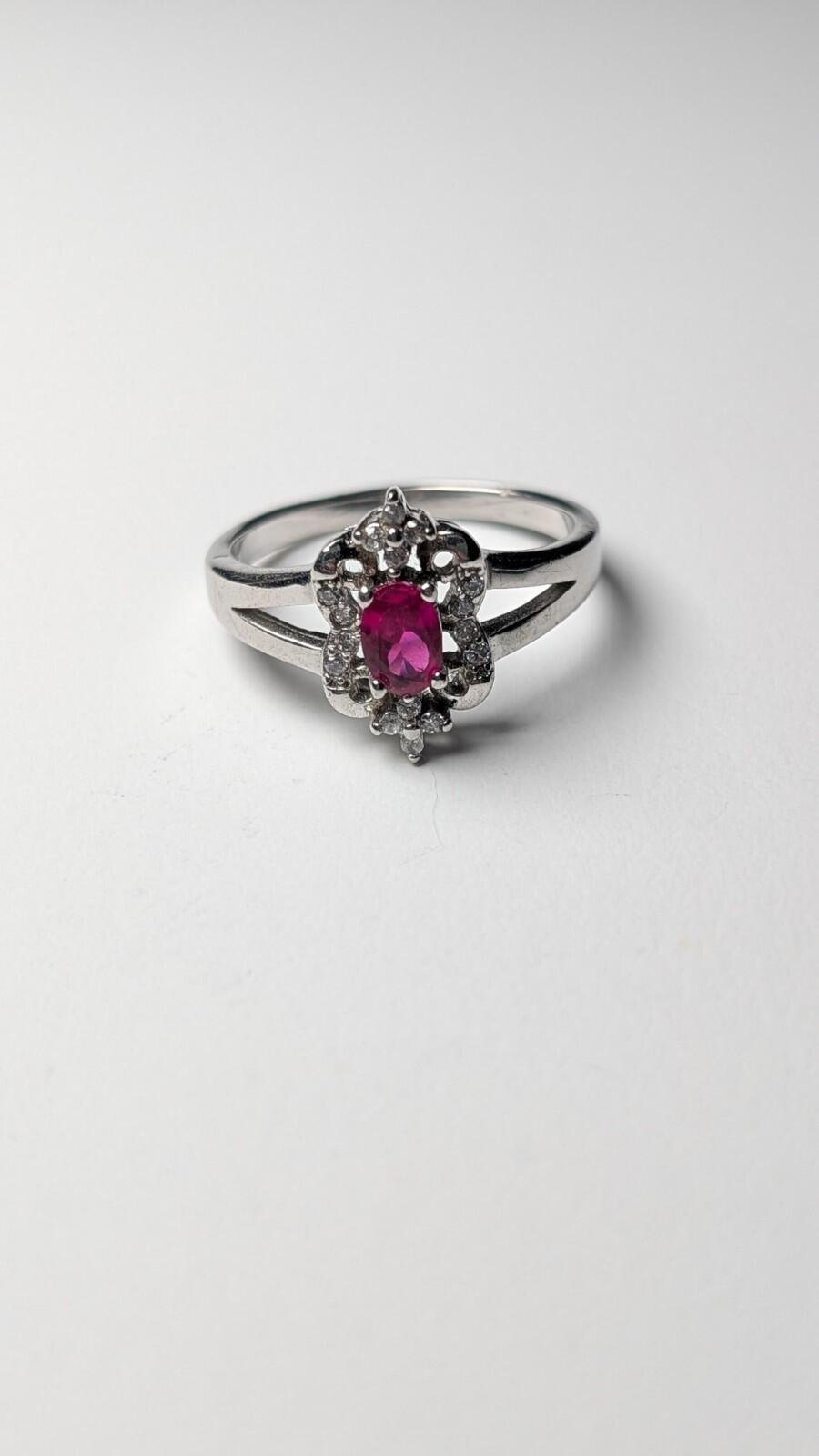 Vintage Sterling Silver Red Ruby Ring With Clear Gemstones | Size S | 925 Silver - Image 4