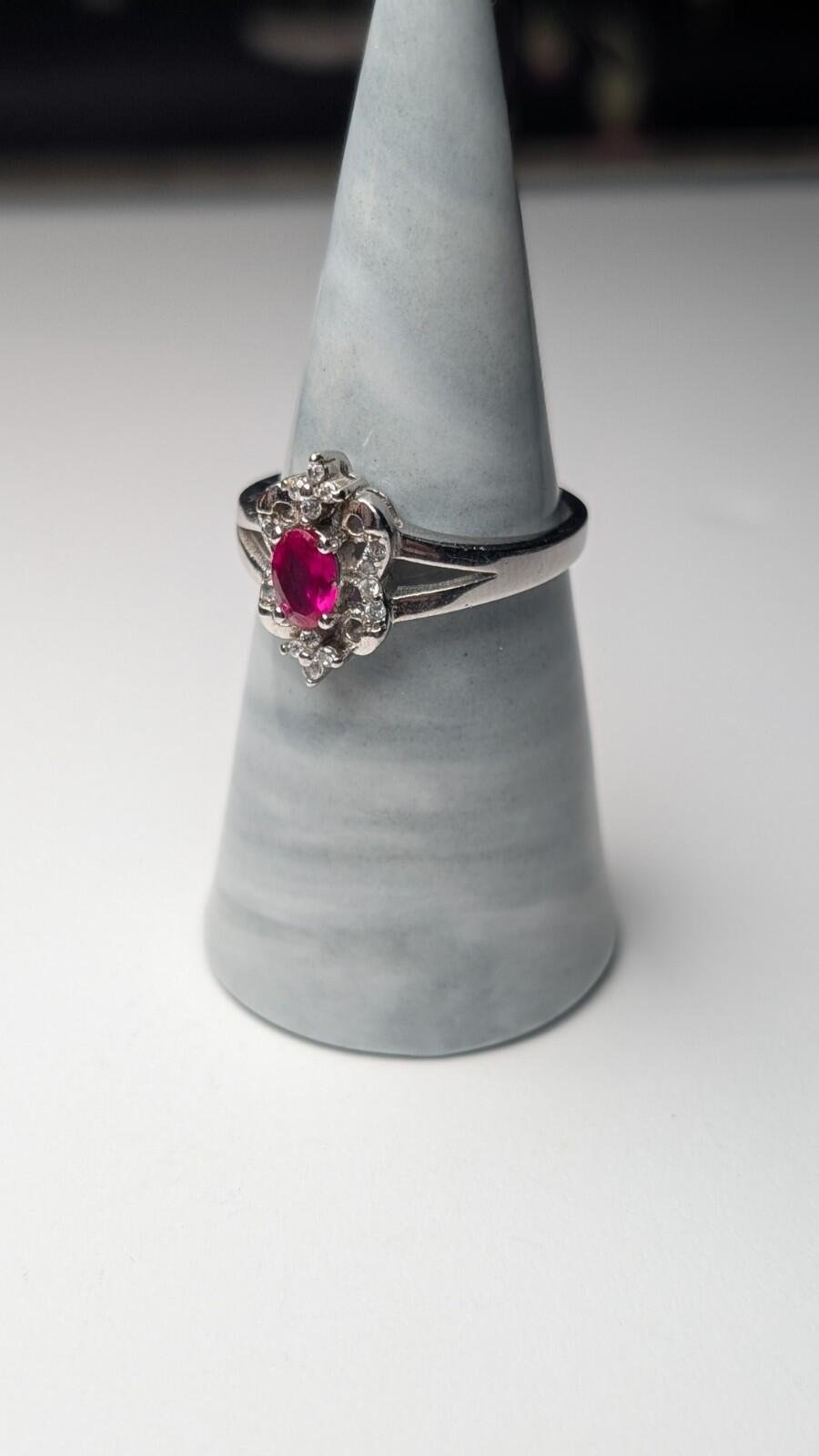 Vintage Sterling Silver Red Ruby Ring With Clear Gemstones | Size S | 925 Silver - Image 5