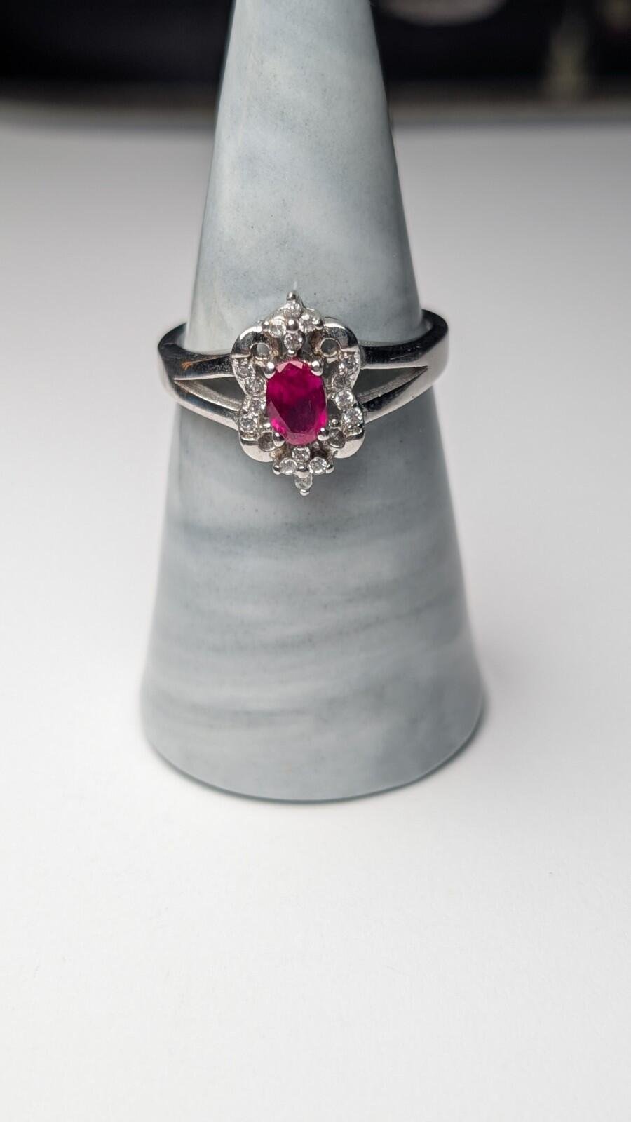 Vintage Sterling Silver Red Ruby Ring With Clear Gemstones | Size S | 925 Silver - Image 6