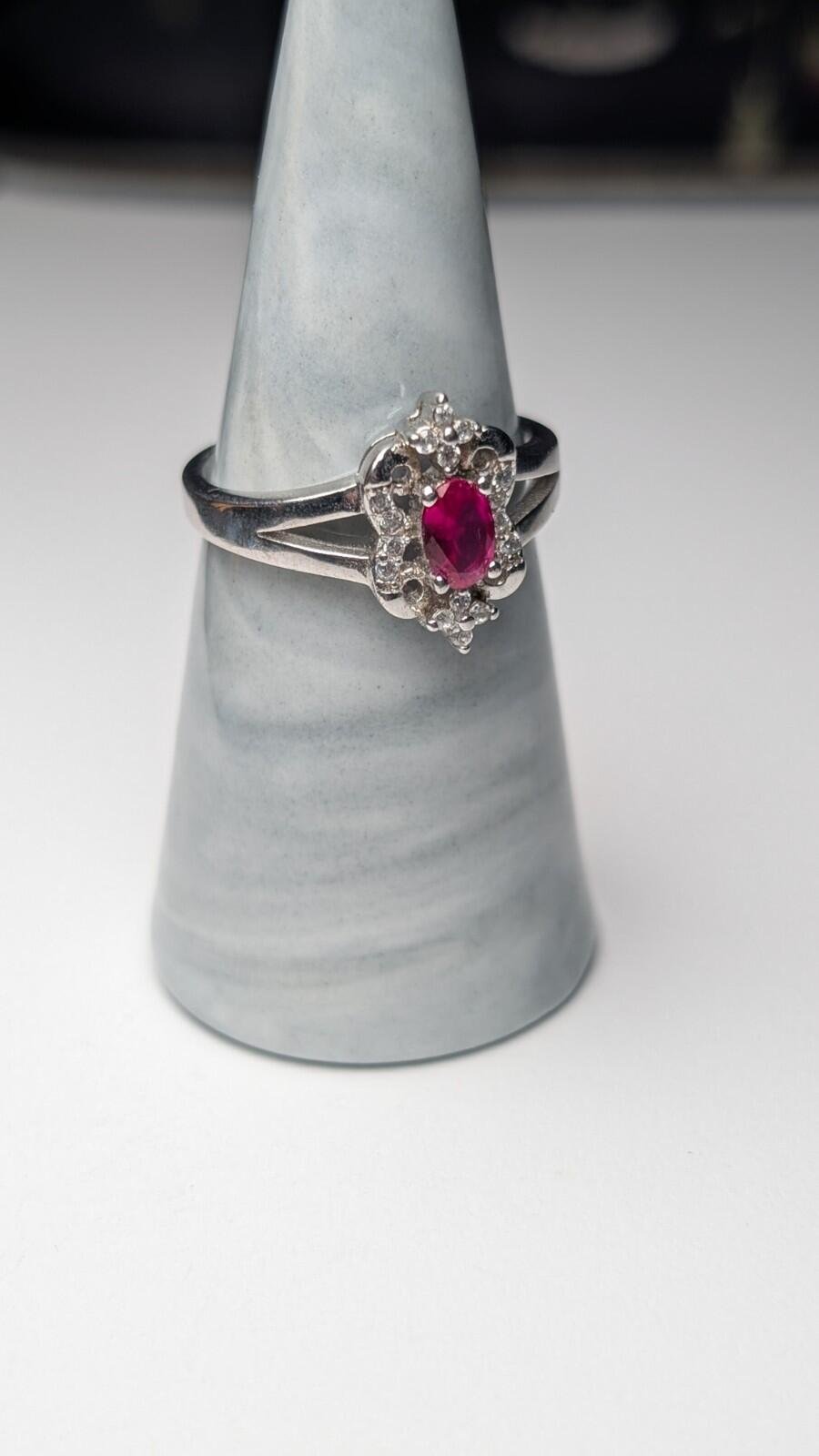 Vintage Sterling Silver Red Ruby Ring With Clear Gemstones | Size S | 925 Silver - Image 7