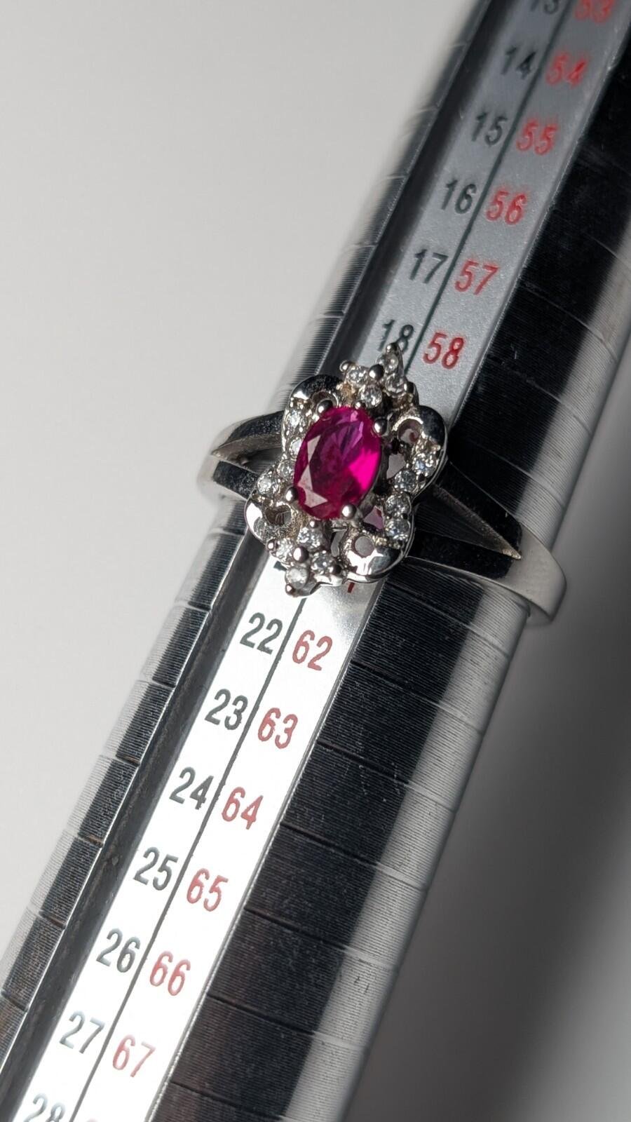 Vintage Sterling Silver Red Ruby Ring With Clear Gemstones | Size S | 925 Silver - Image 8