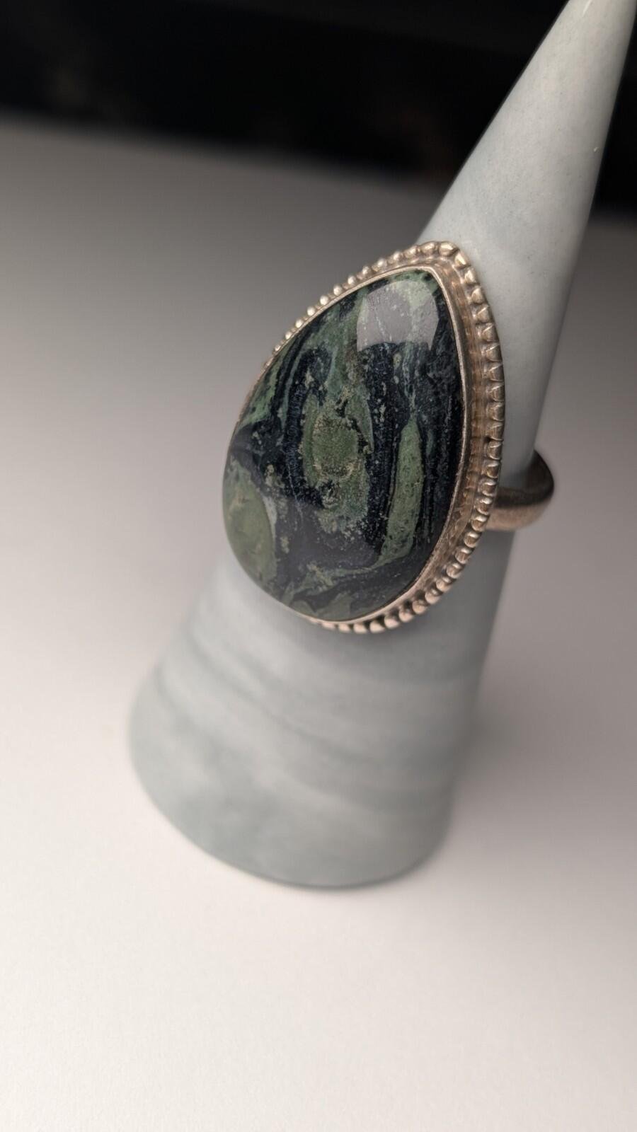 Vintage Sterling Silver Kambaba Green/Black Jasper Ring | Size T | 925 Silver - Image 2
