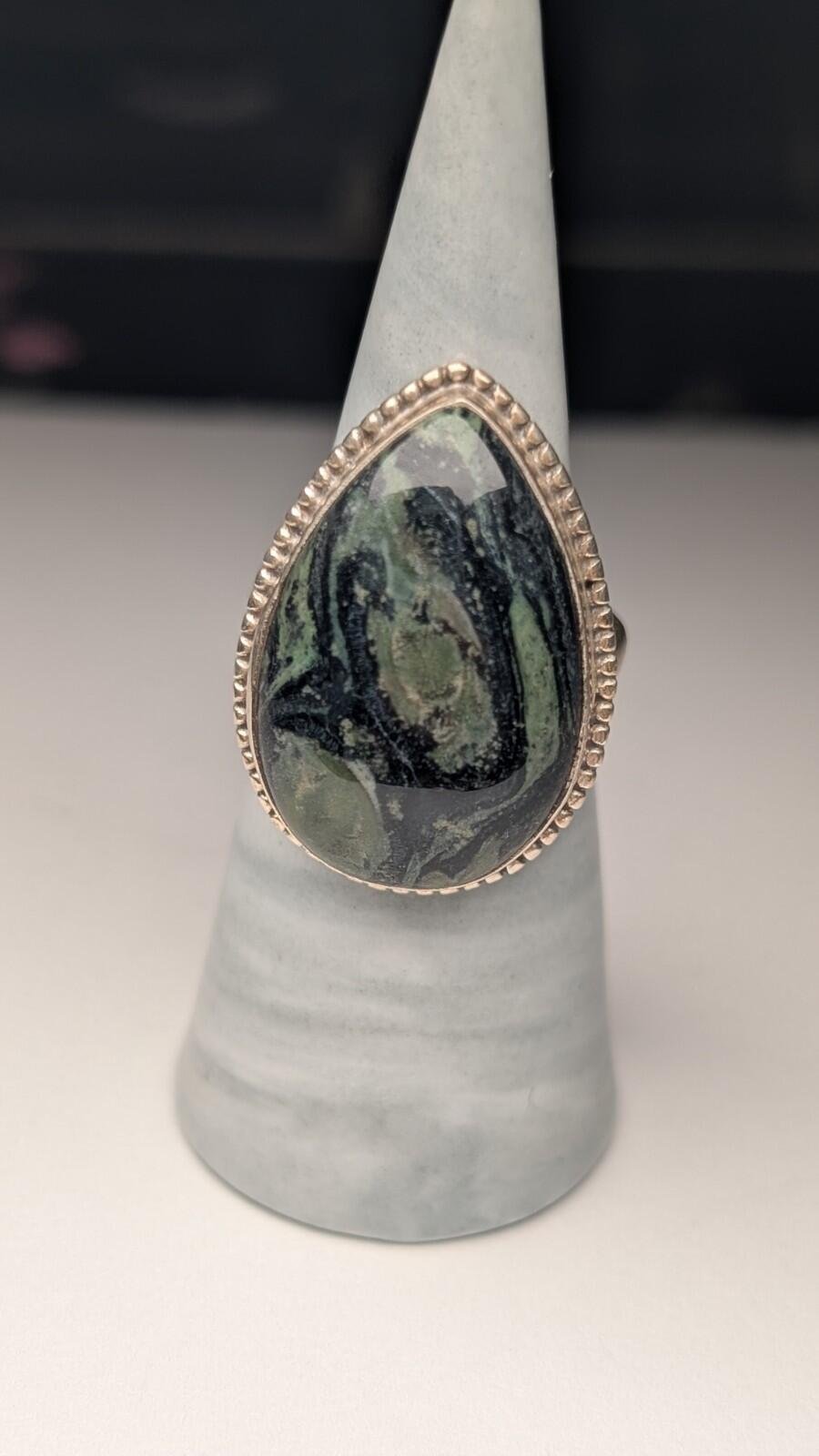 Vintage Sterling Silver Kambaba Green/Black Jasper Ring | Size T | 925 Silver - Image 3