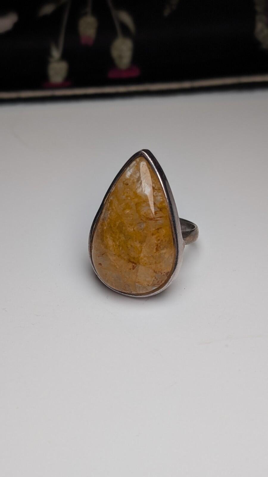 Vintage Sterling Silver Natural Yellow Jasper Ring | Size P | 925 Silver