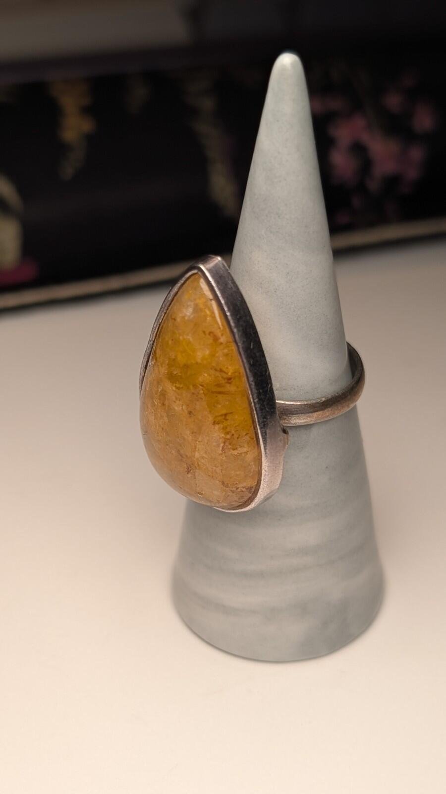 Vintage Sterling Silver Natural Yellow Jasper Ring | Size P | 925 Silver - Image 8