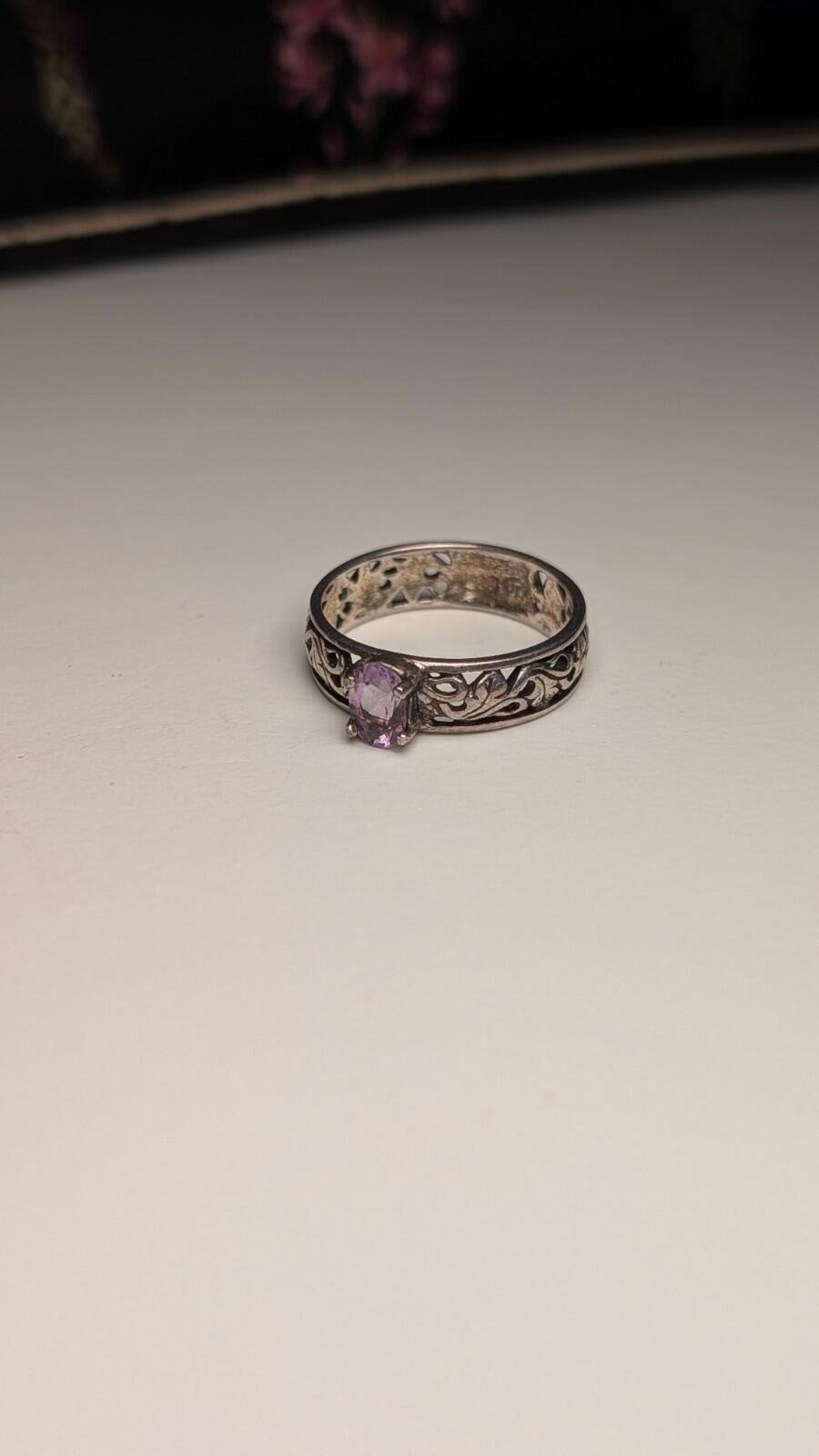 Vintage Sterling Silver Openwork Floral Amethyst Ring | Size M 1/2 | 925 Silver