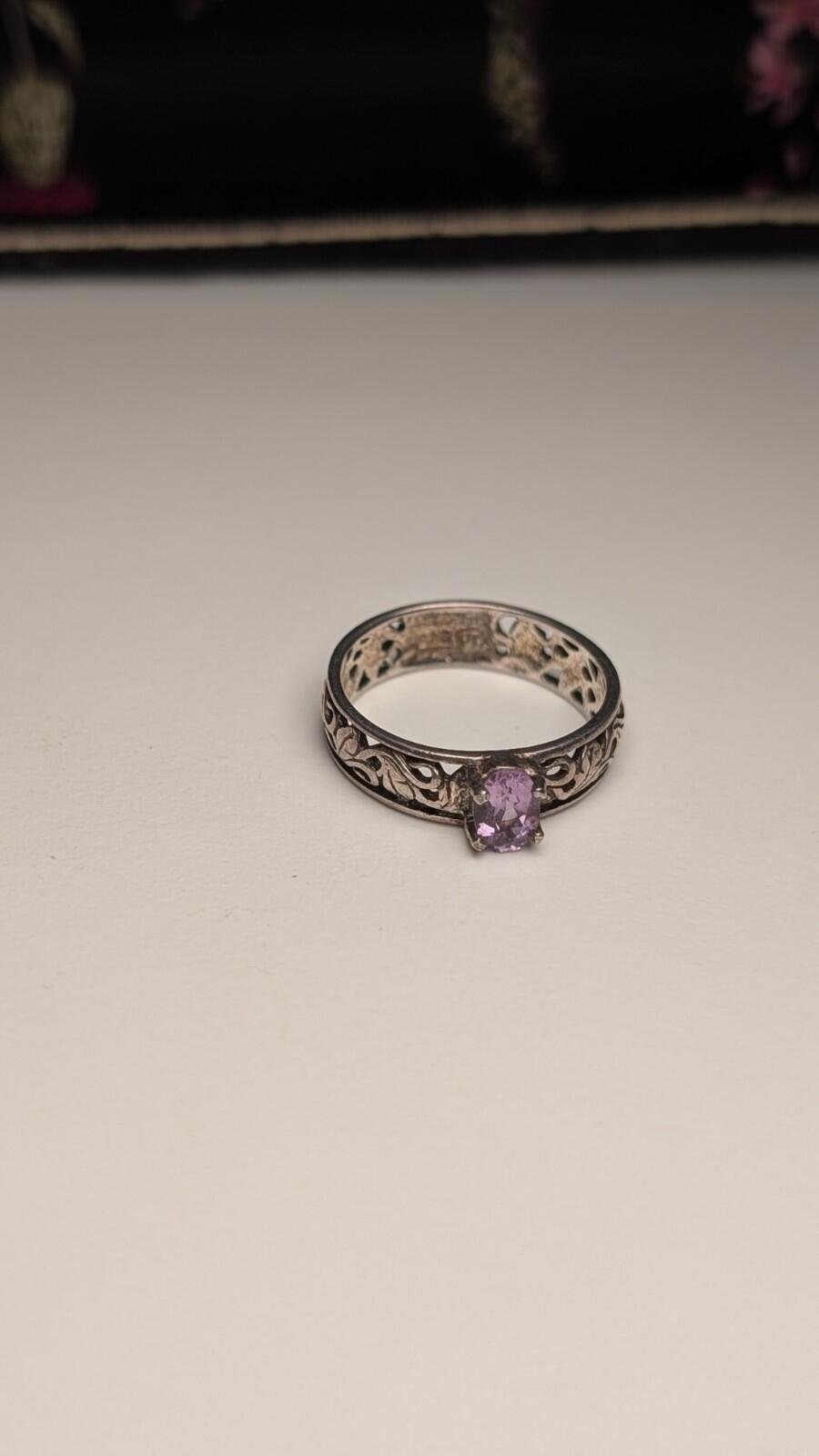 Vintage Sterling Silver Openwork Floral Amethyst Ring | Size M 1/2 | 925 Silver - Image 2