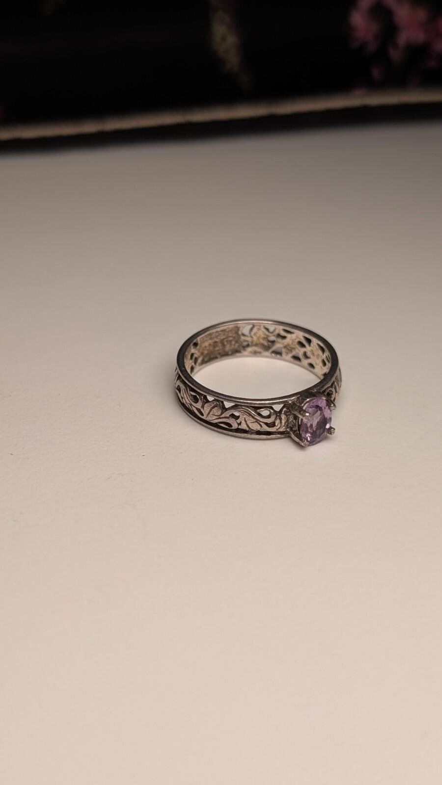 Vintage Sterling Silver Openwork Floral Amethyst Ring | Size M 1/2 | 925 Silver - Image 4