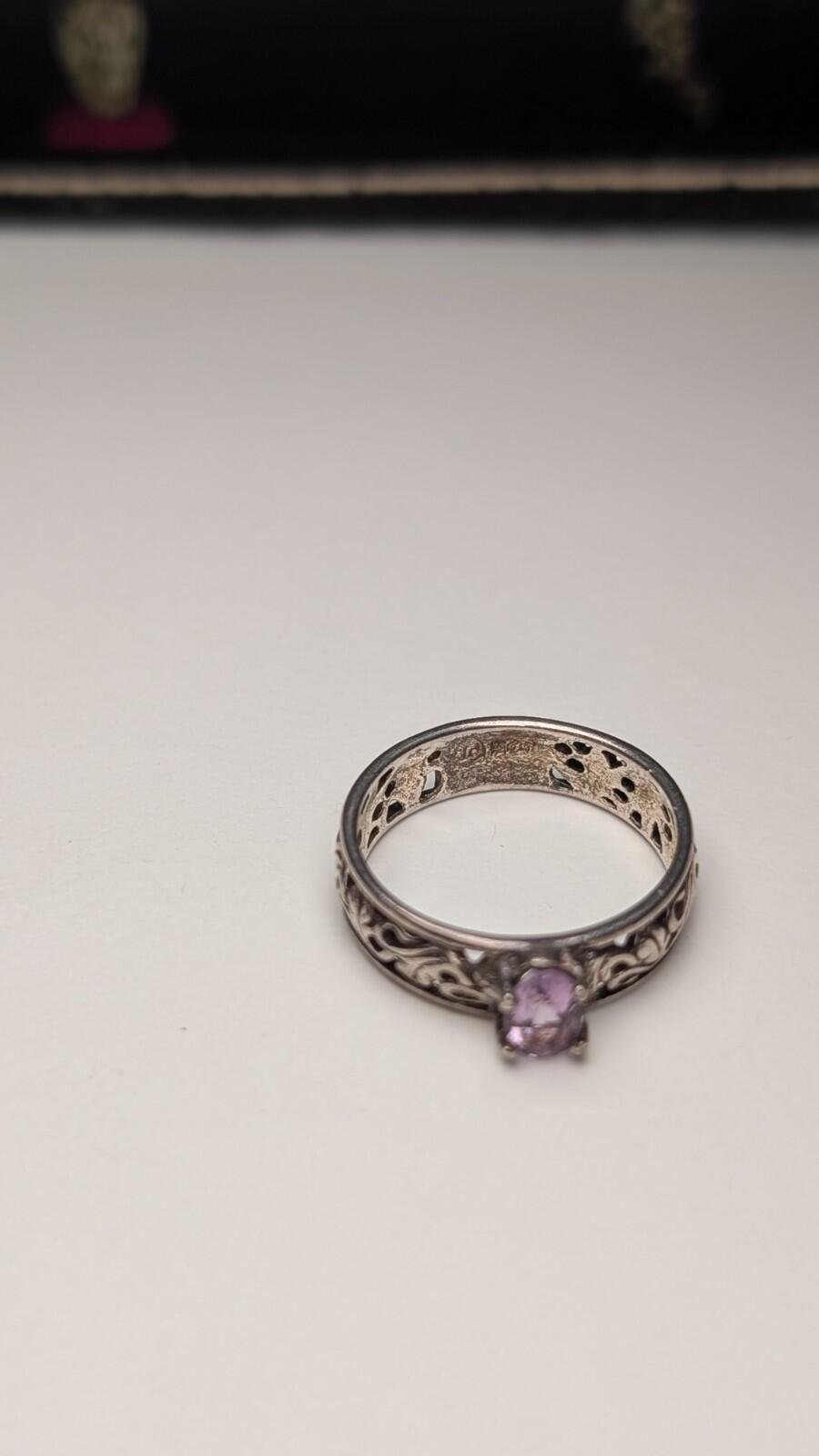 Vintage Sterling Silver Openwork Floral Amethyst Ring | Size M 1/2 | 925 Silver - Image 5
