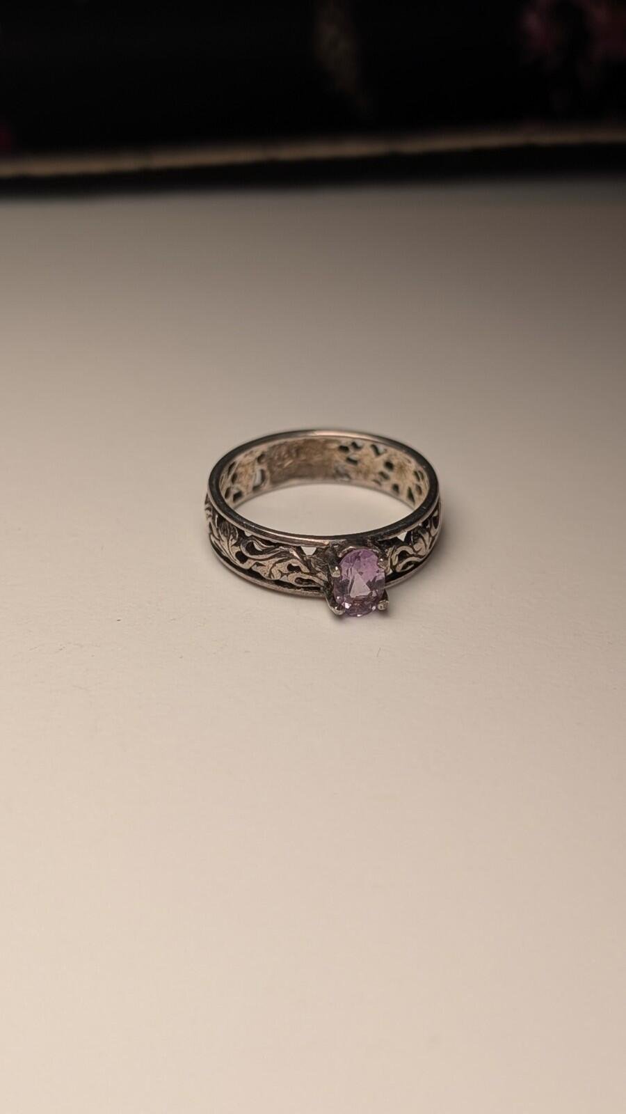 Vintage Sterling Silver Openwork Floral Amethyst Ring | Size M 1/2 | 925 Silver - Image 6