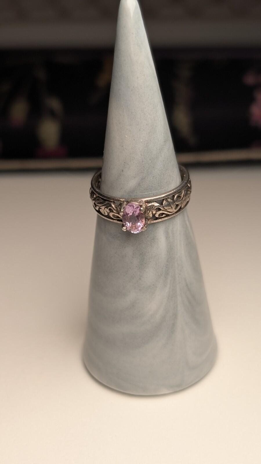 Vintage Sterling Silver Openwork Floral Amethyst Ring | Size M 1/2 | 925 Silver - Image 7
