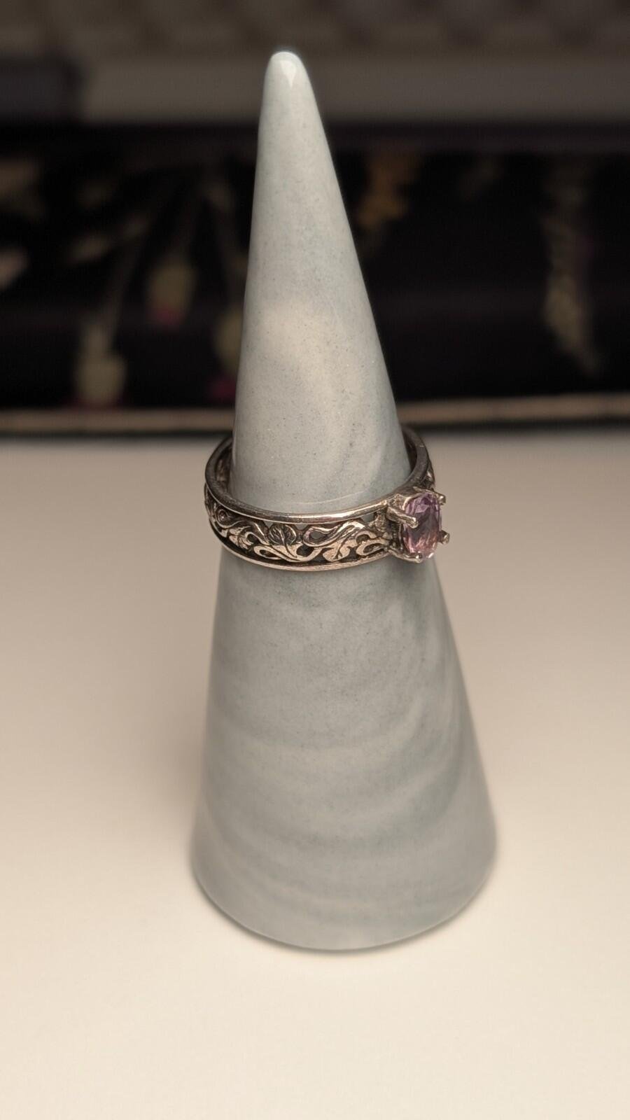Vintage Sterling Silver Openwork Floral Amethyst Ring | Size M 1/2 | 925 Silver - Image 10