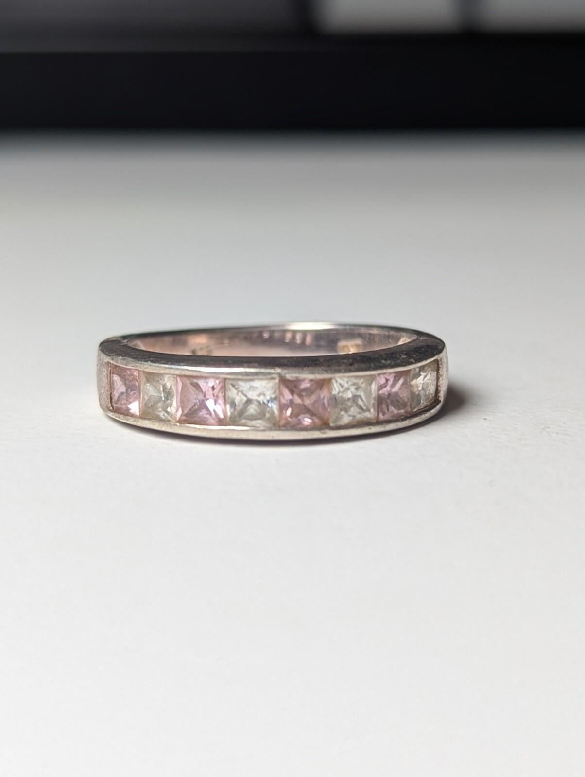 Vintage Sterling Silver Pink & Clear CZ Gemstones Ring | Size P 1/2 | 925