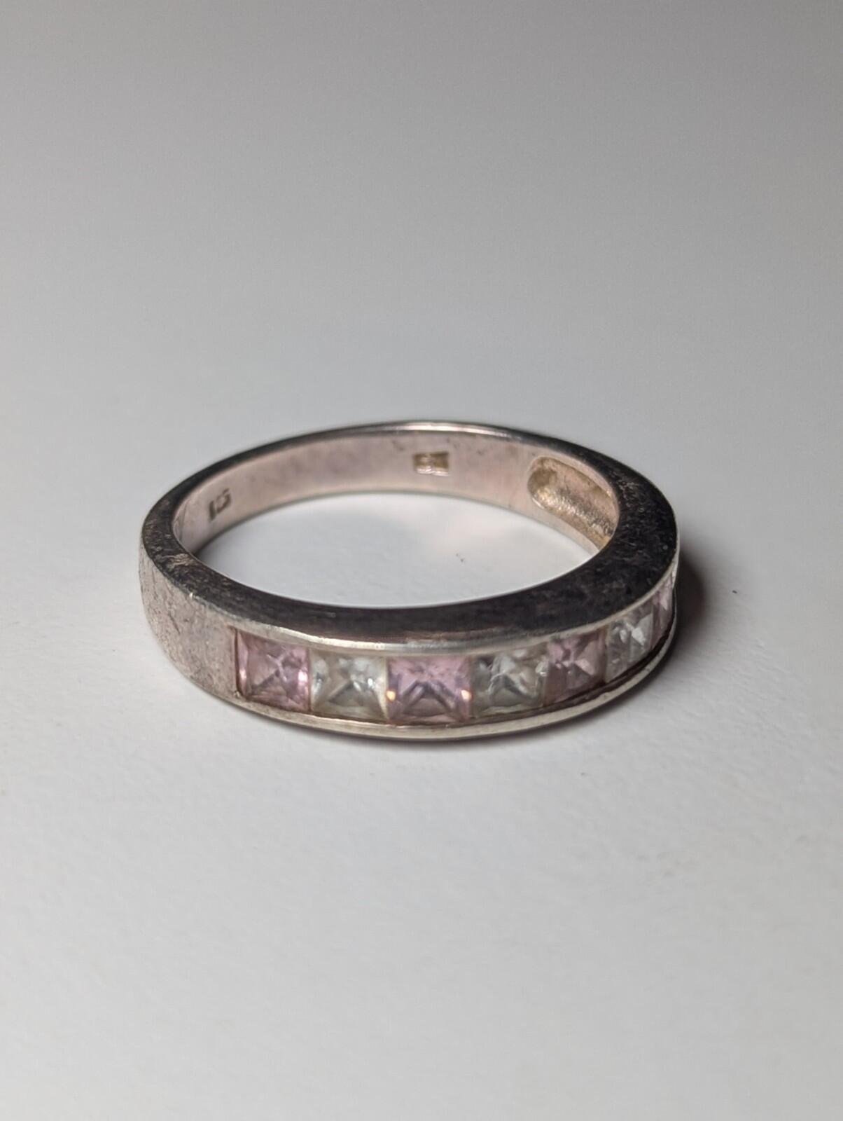 Vintage Sterling Silver Pink & Clear CZ Gemstones Ring | Size P 1/2 | 925 - Image 2