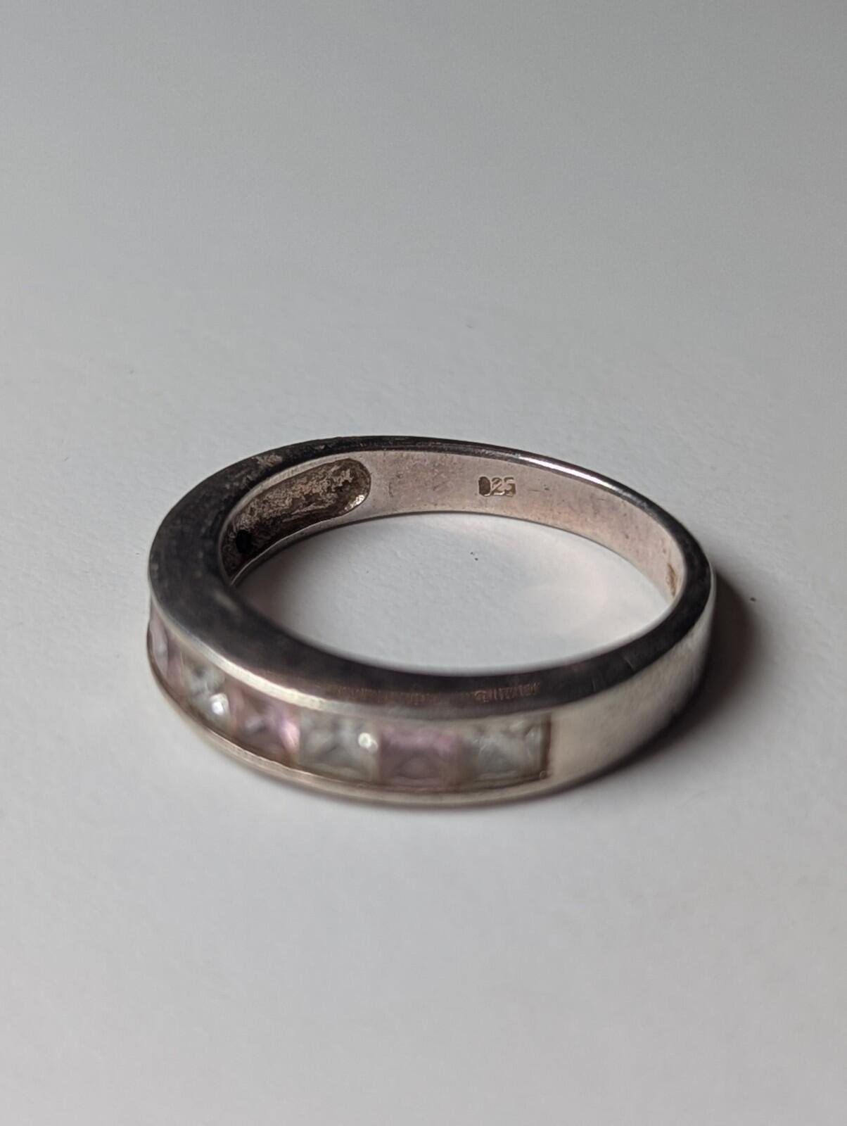 Vintage Sterling Silver Pink & Clear CZ Gemstones Ring | Size P 1/2 | 925 - Image 3