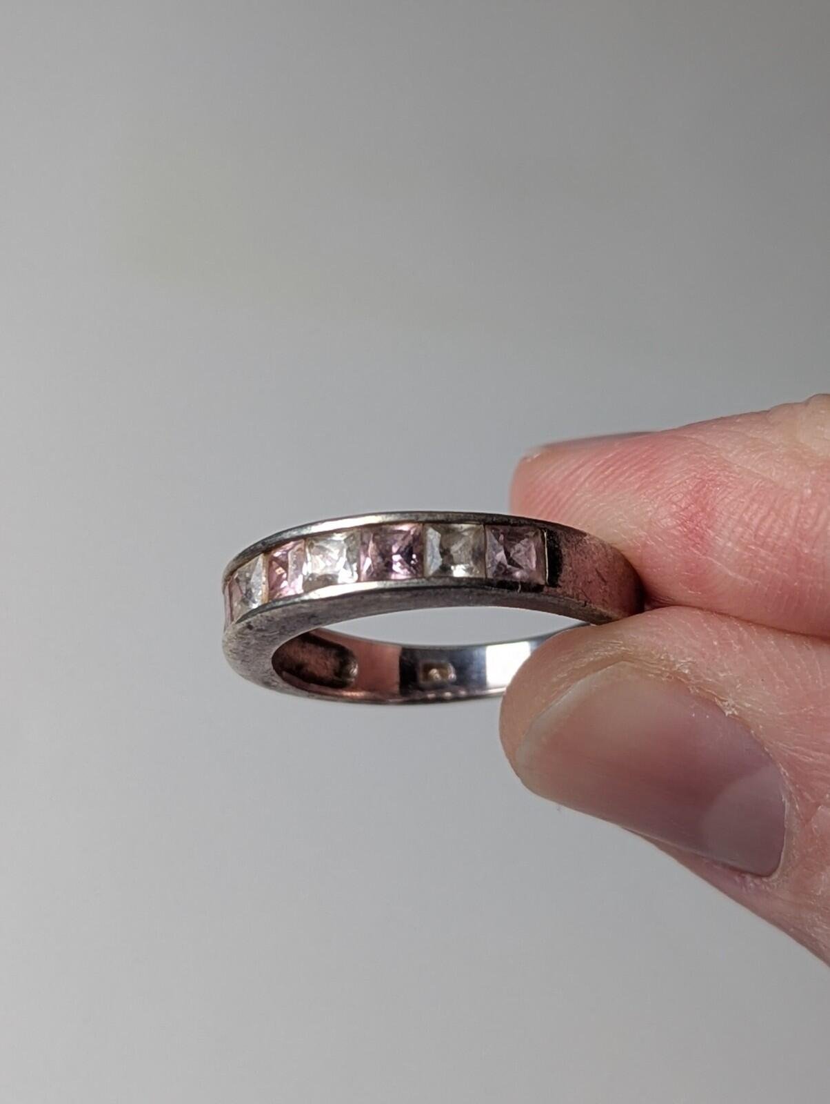 Vintage Sterling Silver Pink & Clear CZ Gemstones Ring | Size P 1/2 | 925 - Image 5