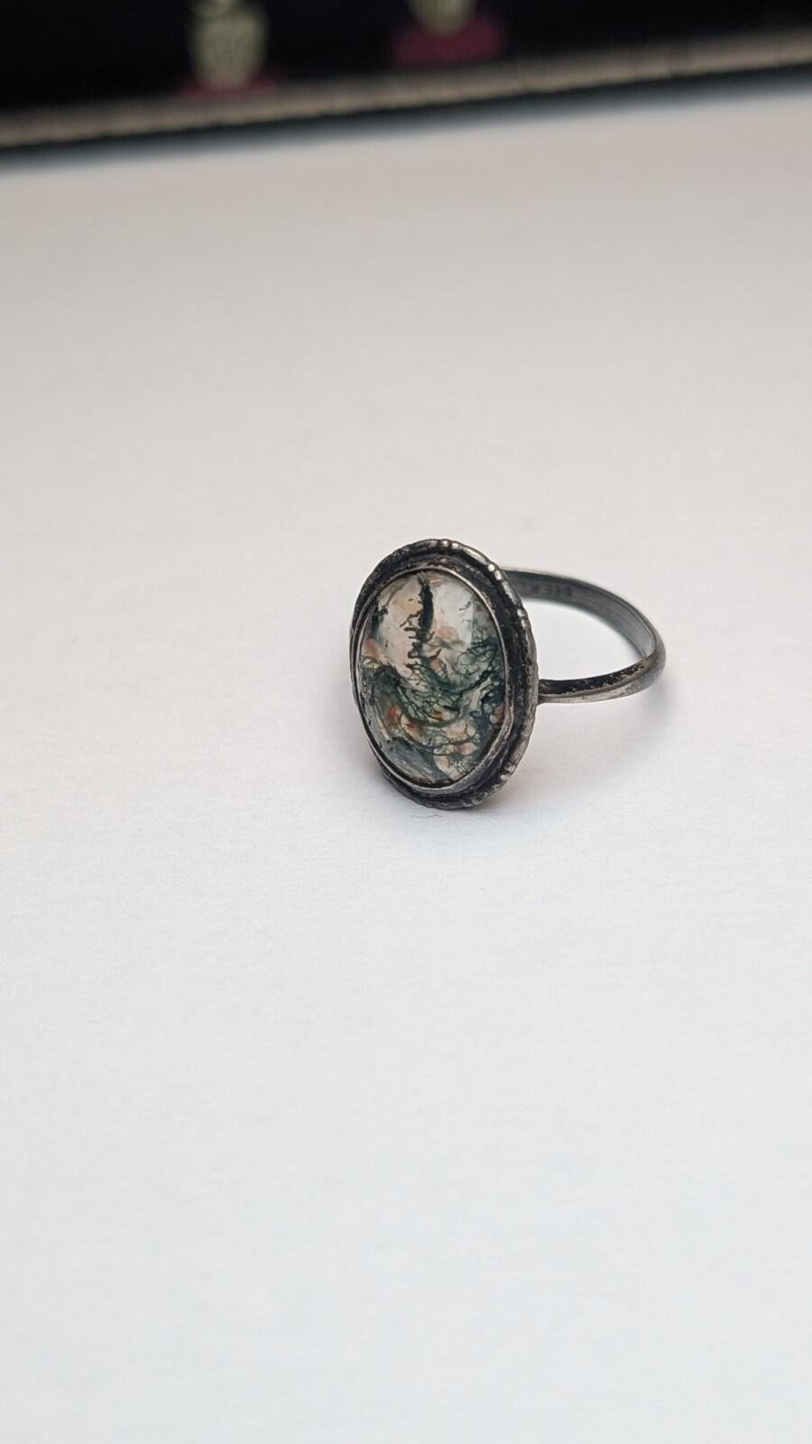 Vintage Sterling Silver Moss Agate Ring | Size P 1/2 | 925 Silver