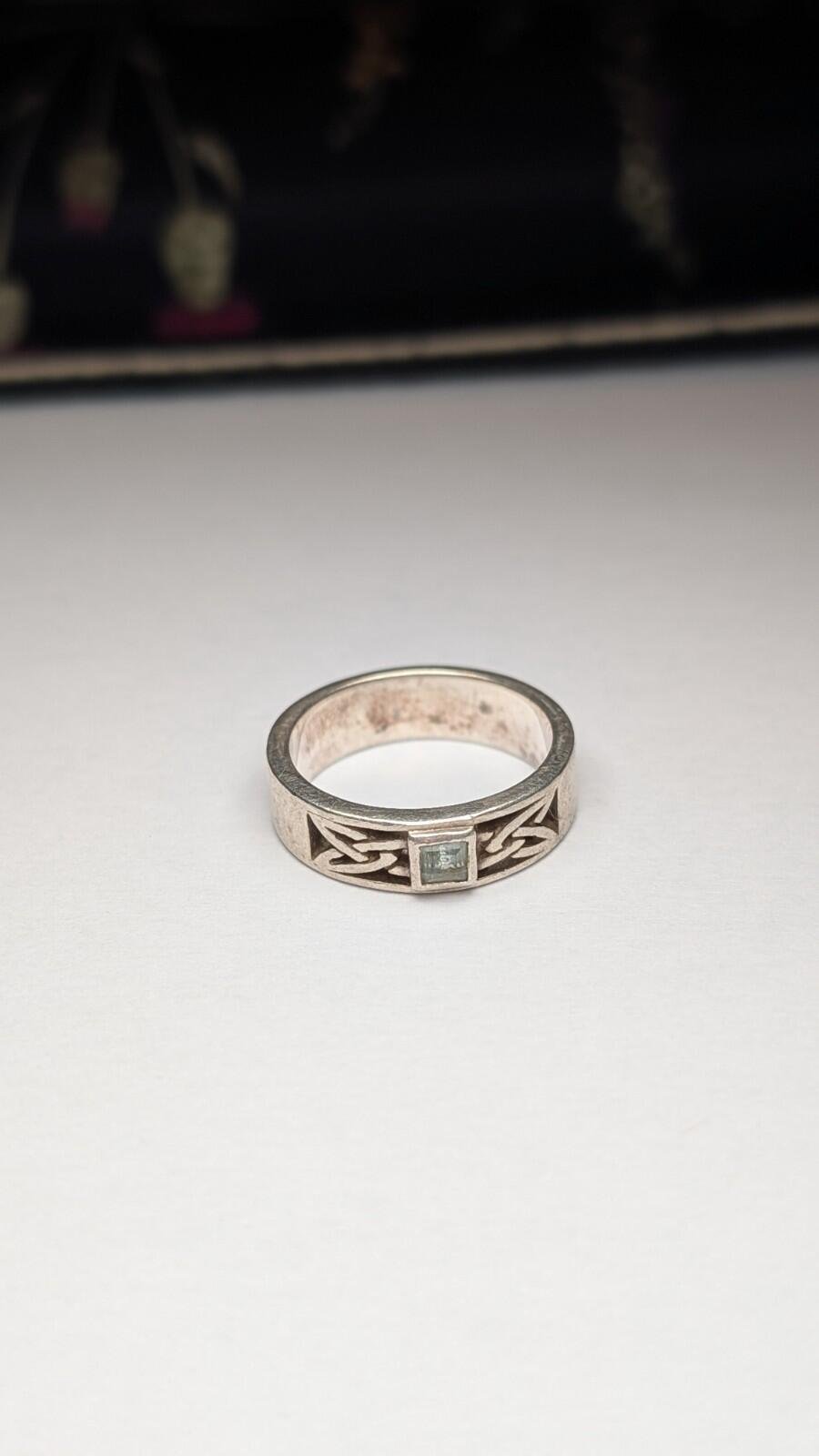 Vintage Sterling Silver Celtic Blue Aquamarine Ring | Size O | 925 Silver