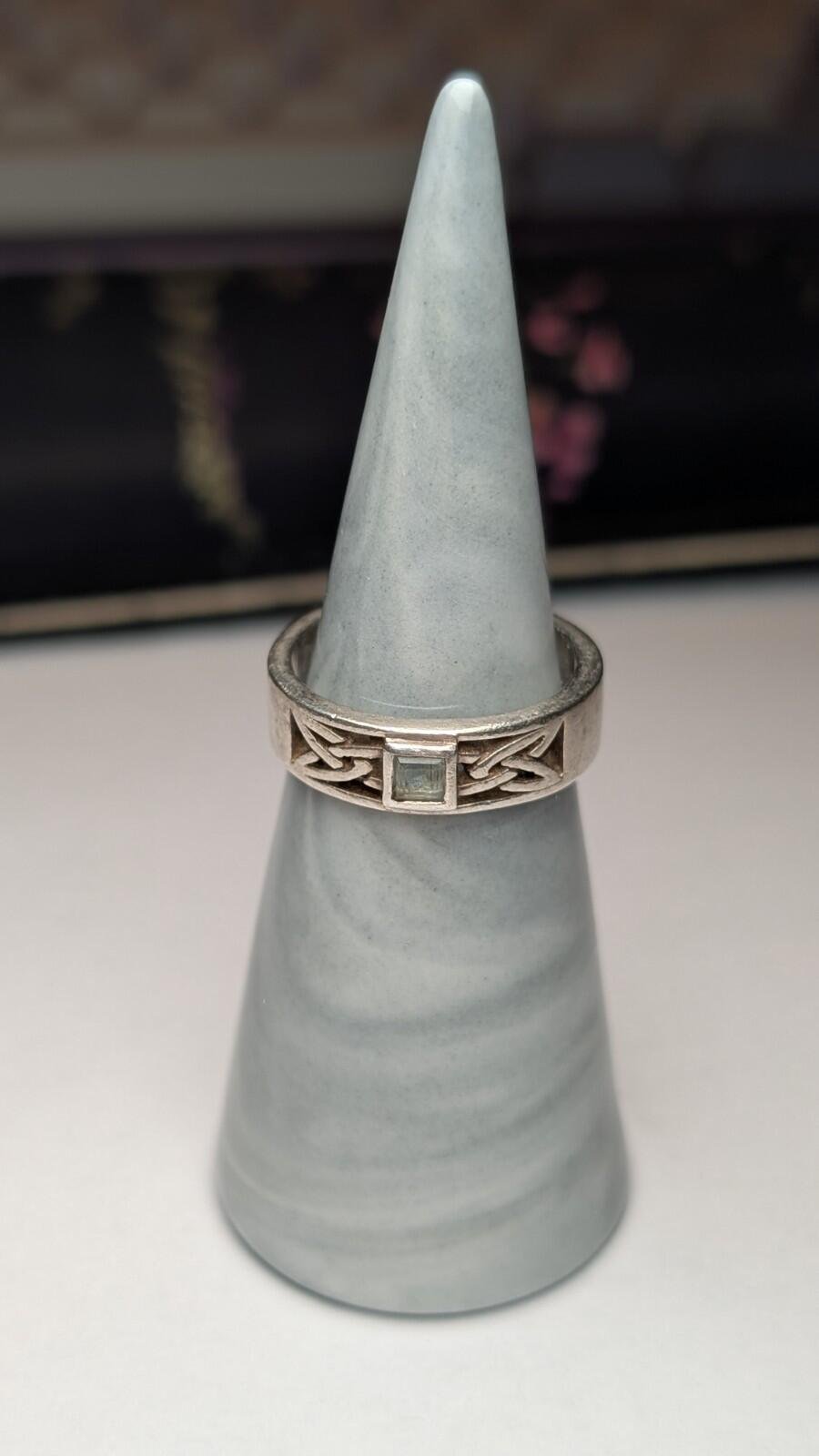 Vintage Sterling Silver Celtic Blue Aquamarine Ring | Size O | 925 Silver - Image 3