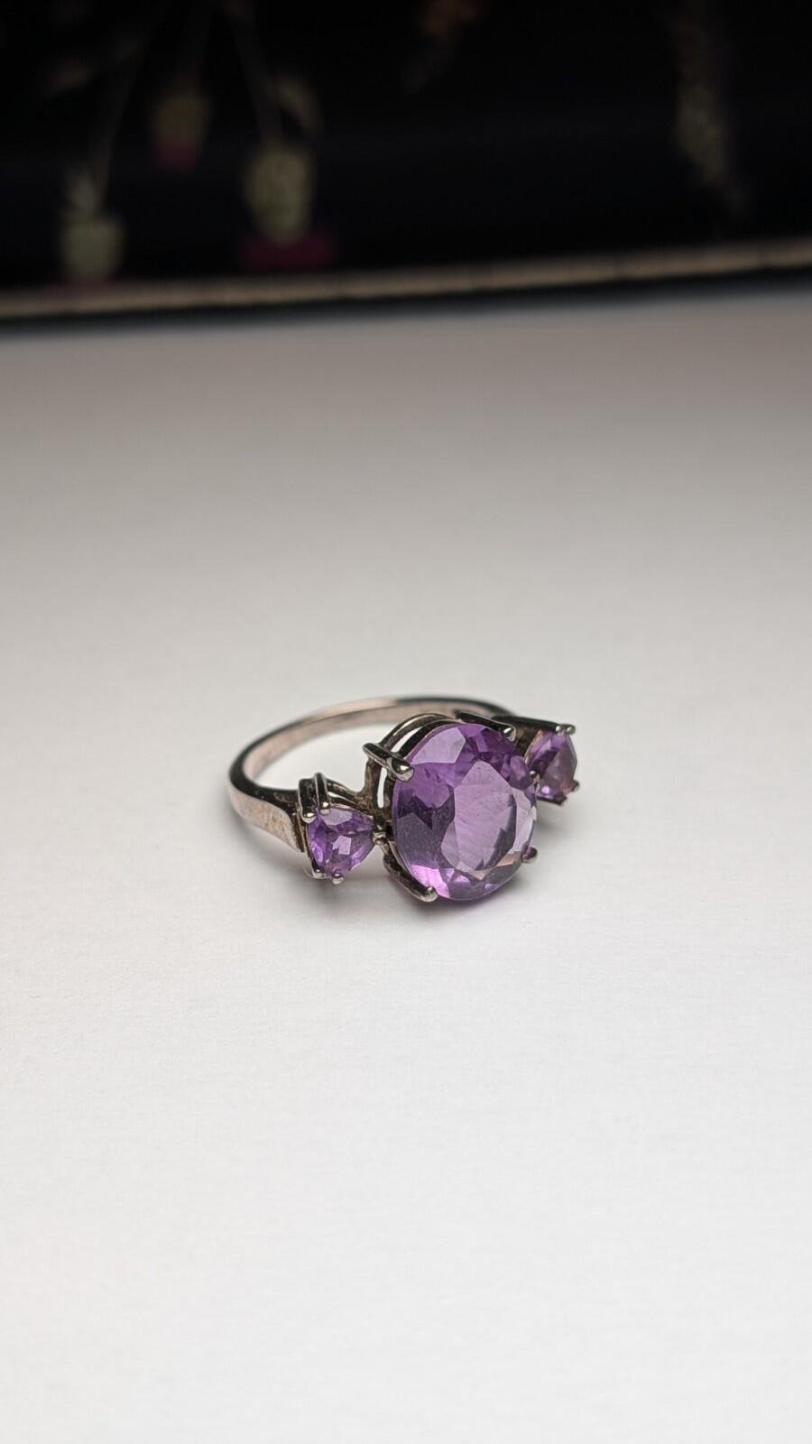 Vintage Sterling Silver Amethyst Trilogy Ring | Size P | 925 Silver