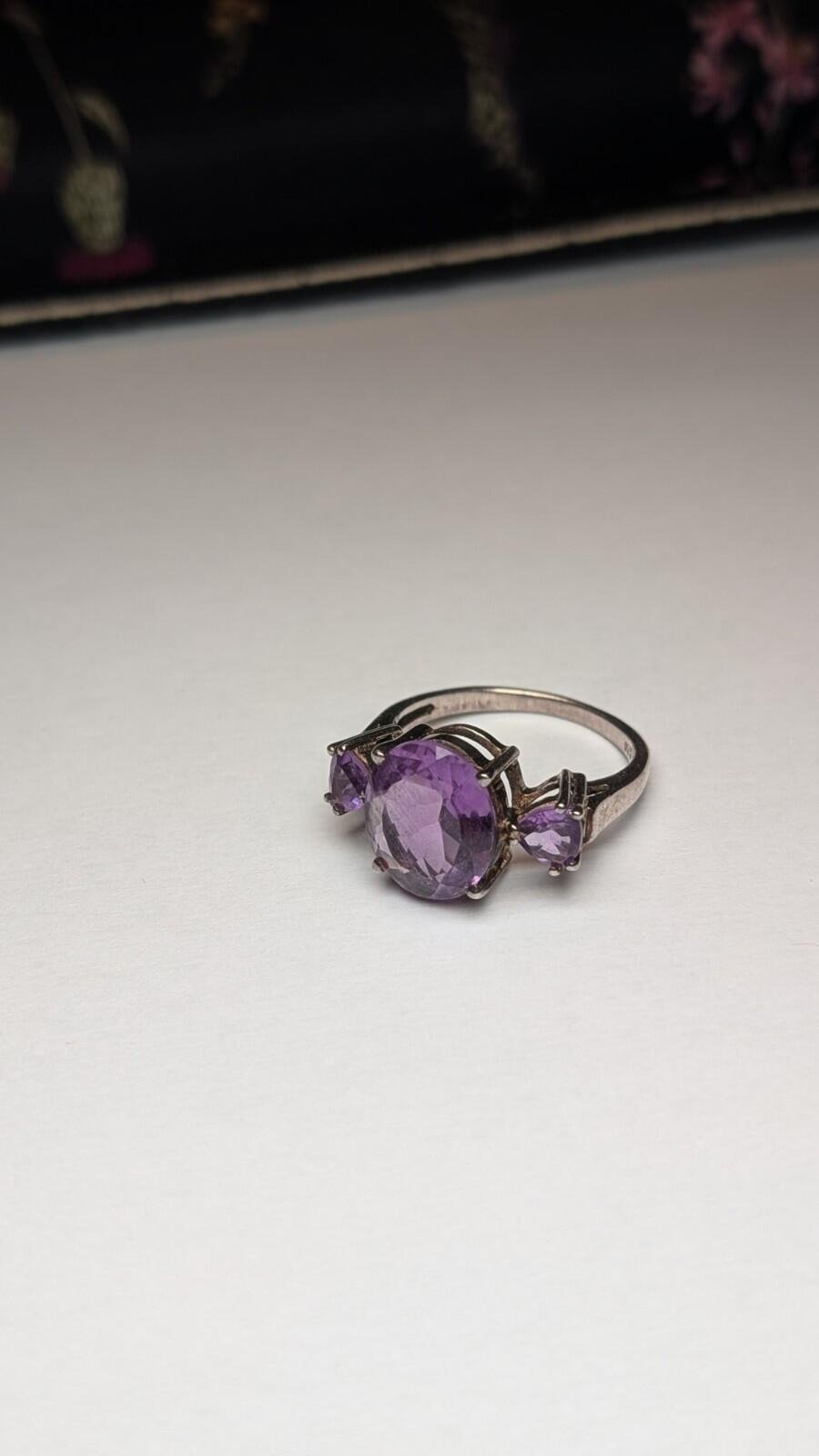 Vintage Sterling Silver Amethyst Trilogy Ring | Size P | 925 Silver - Image 2