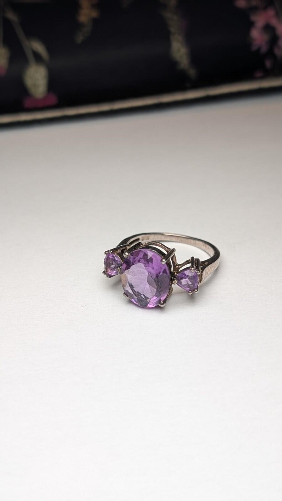 Vintage Sterling Silver Amethyst Trilogy Ring | Size P | 925 Silver - Image 6