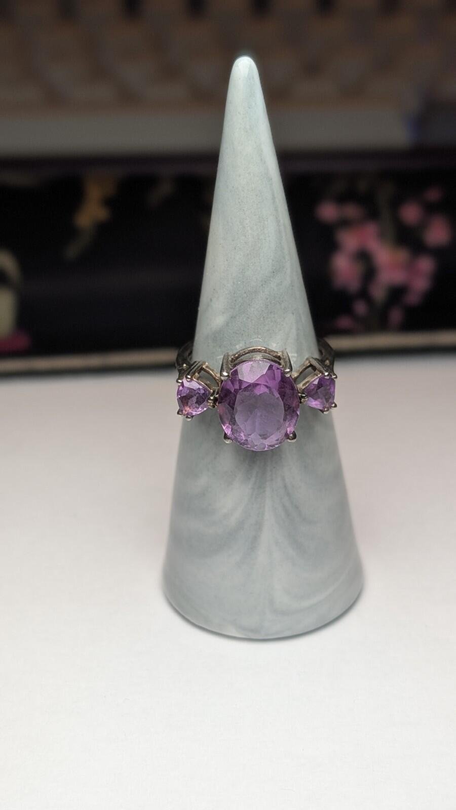 Vintage Sterling Silver Amethyst Trilogy Ring | Size P | 925 Silver - Image 7