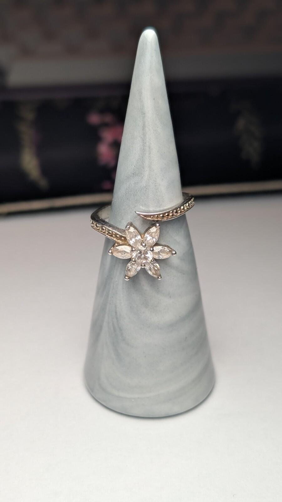 Vintage Sterling Silver Flower Floral CZ Ring | Size M 1/2 | 925 Silver